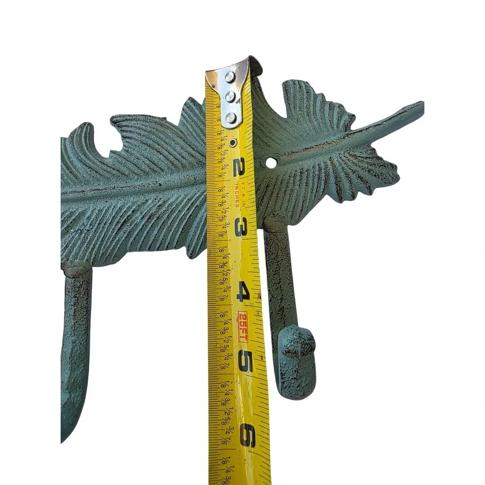 Vintage Cast Iron Feather Wall Hook Rack 3 Hooks Verdigris Green Rustic Decor K3
